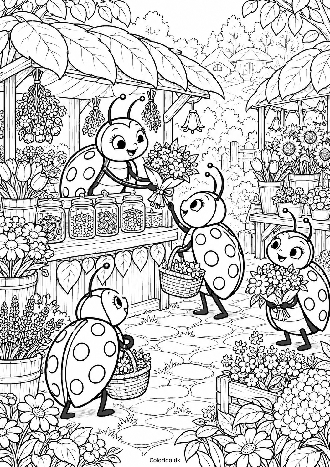 Mariehøne på blomstermarked – gratis tegning