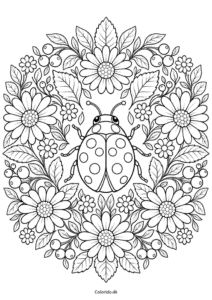 Mariehøne med blomstermandala til farvelægning