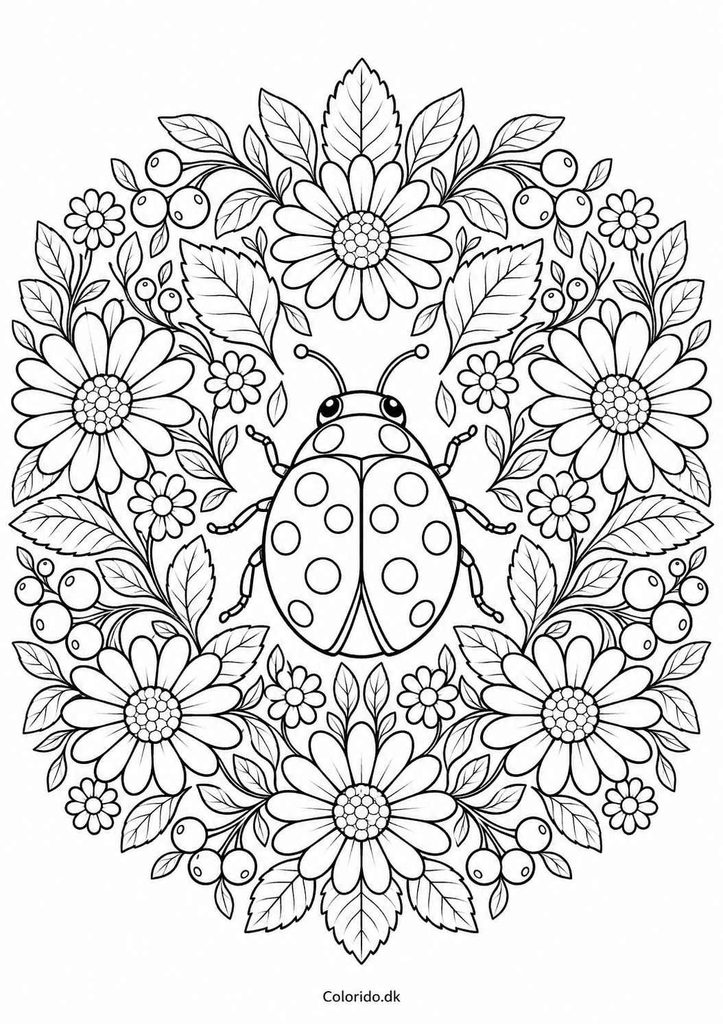 Mariehøne med blomstermandala til farvelægning