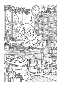 Nisse sorterer julepost – detaljeret juletegning