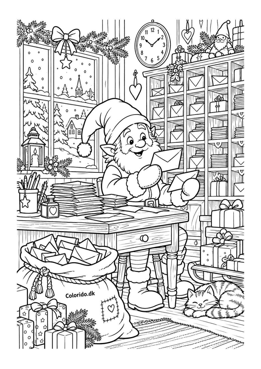 Nisse sorterer julepost – detaljeret juletegning