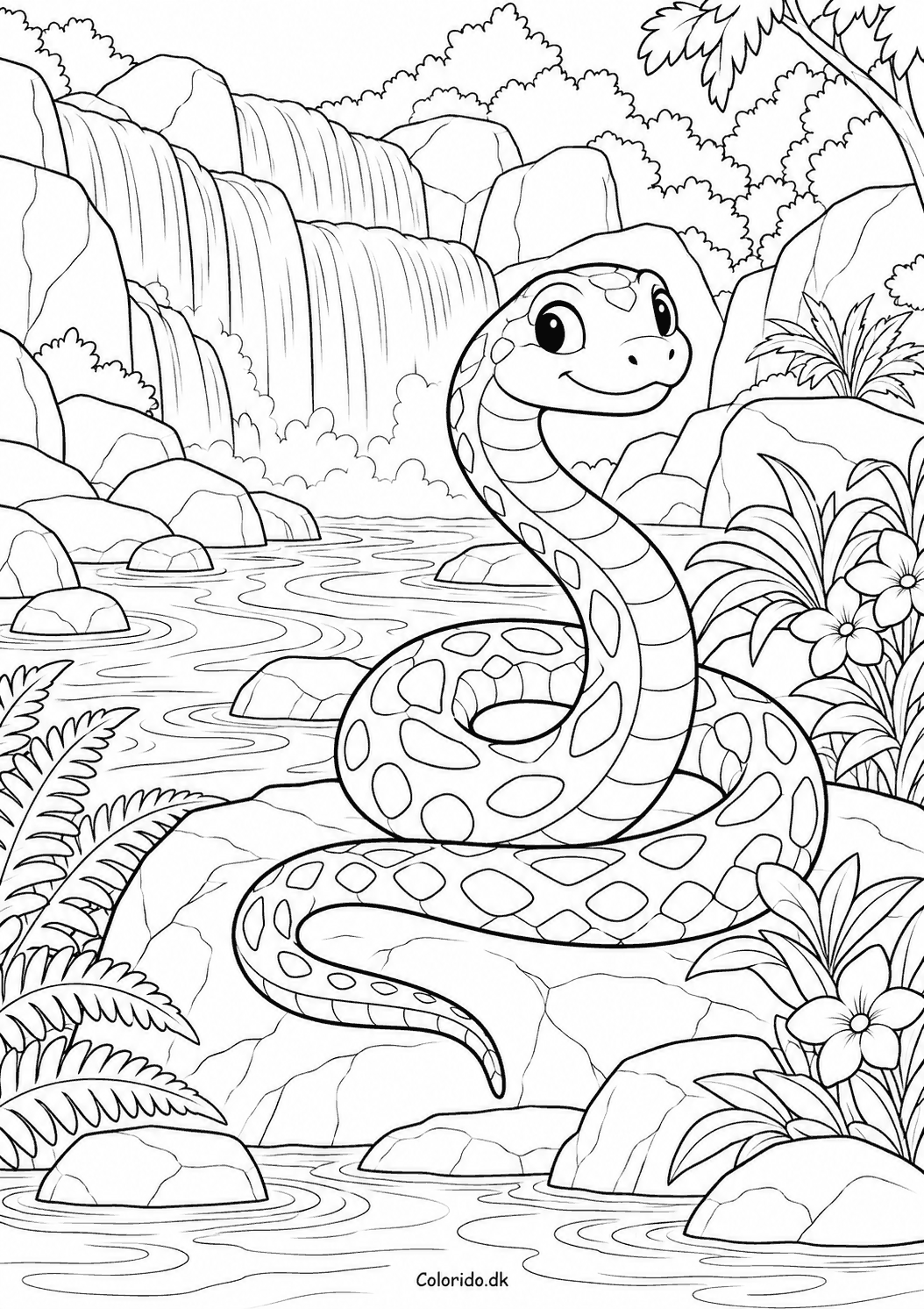 Slange ved et vandfald – naturtegning til print
