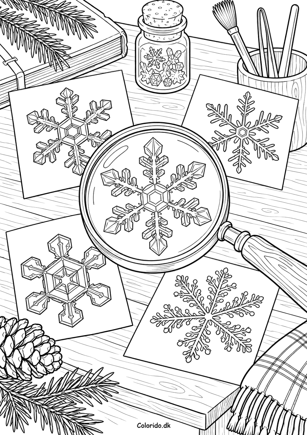 Snekrystaller under et forstørrelsesglas – tegning til print