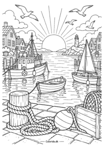 Solopgang ved havnens både – tegning til print