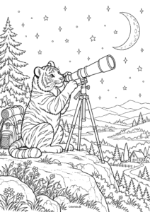 Tiger ved stjernekikkert – nattegning til print