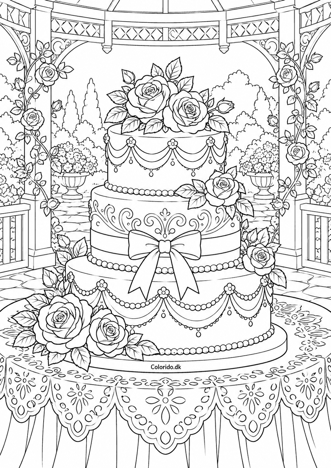 Bryllupskage med blomster – flot tegning til print