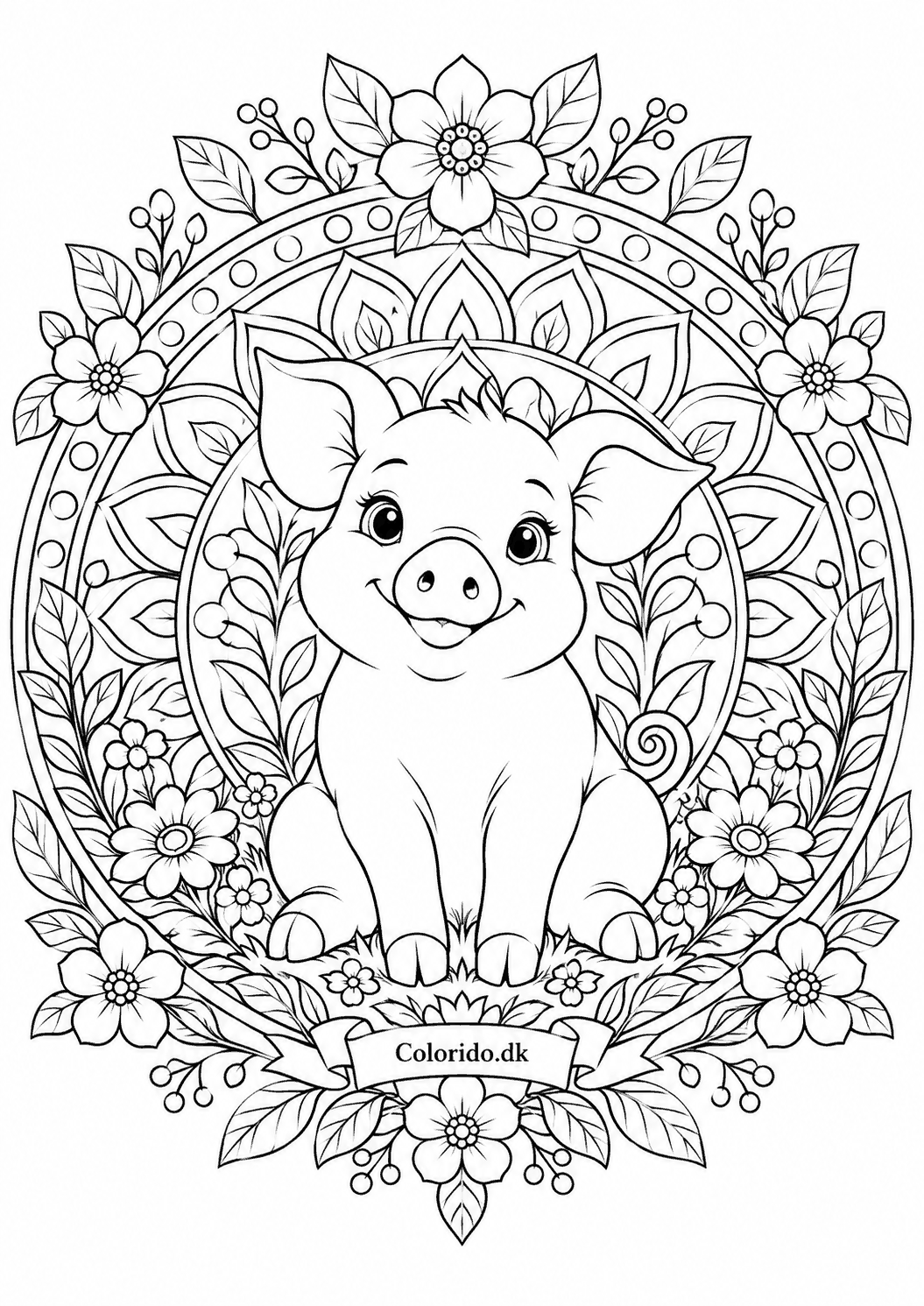 Gris i blomstermandala – mandala til farvelægning