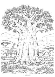 Stor baobab på savannen – tegning til print