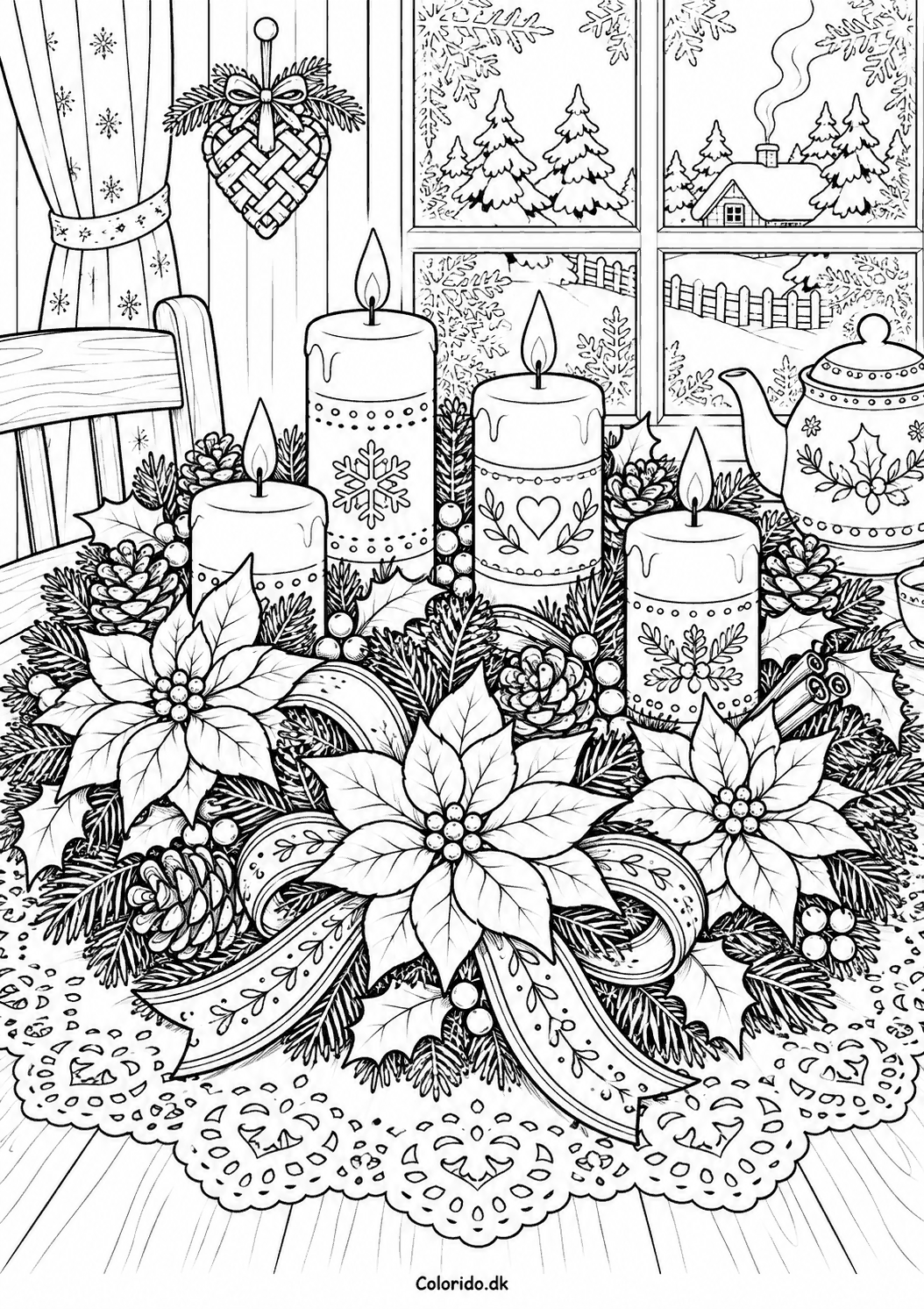 Adventskrans med julestjerner på vinterbordet