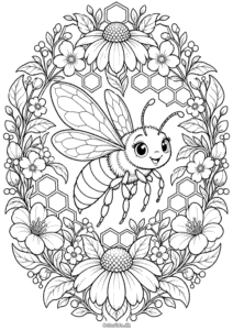 Bi med blomster og honningmønster – mandala til farvelægning