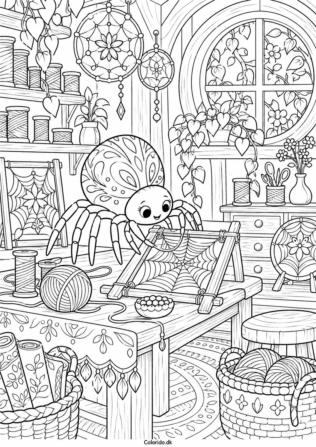 Edderkop i kreativt værksted – gratis tegning til print