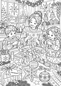 Familie laver juleguirlander – hyggelig tegning