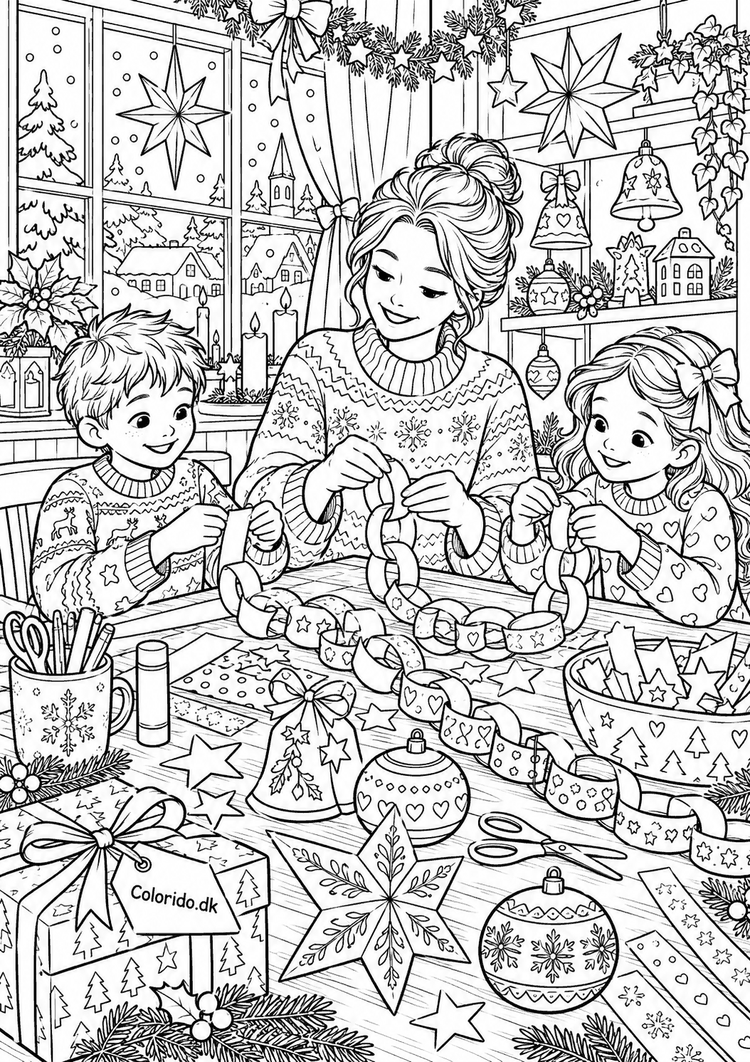 Familie laver juleguirlander – hyggelig tegning