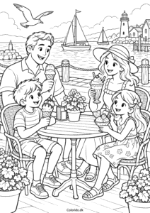 Familie spiser is ved havnen – sommer tegning til print