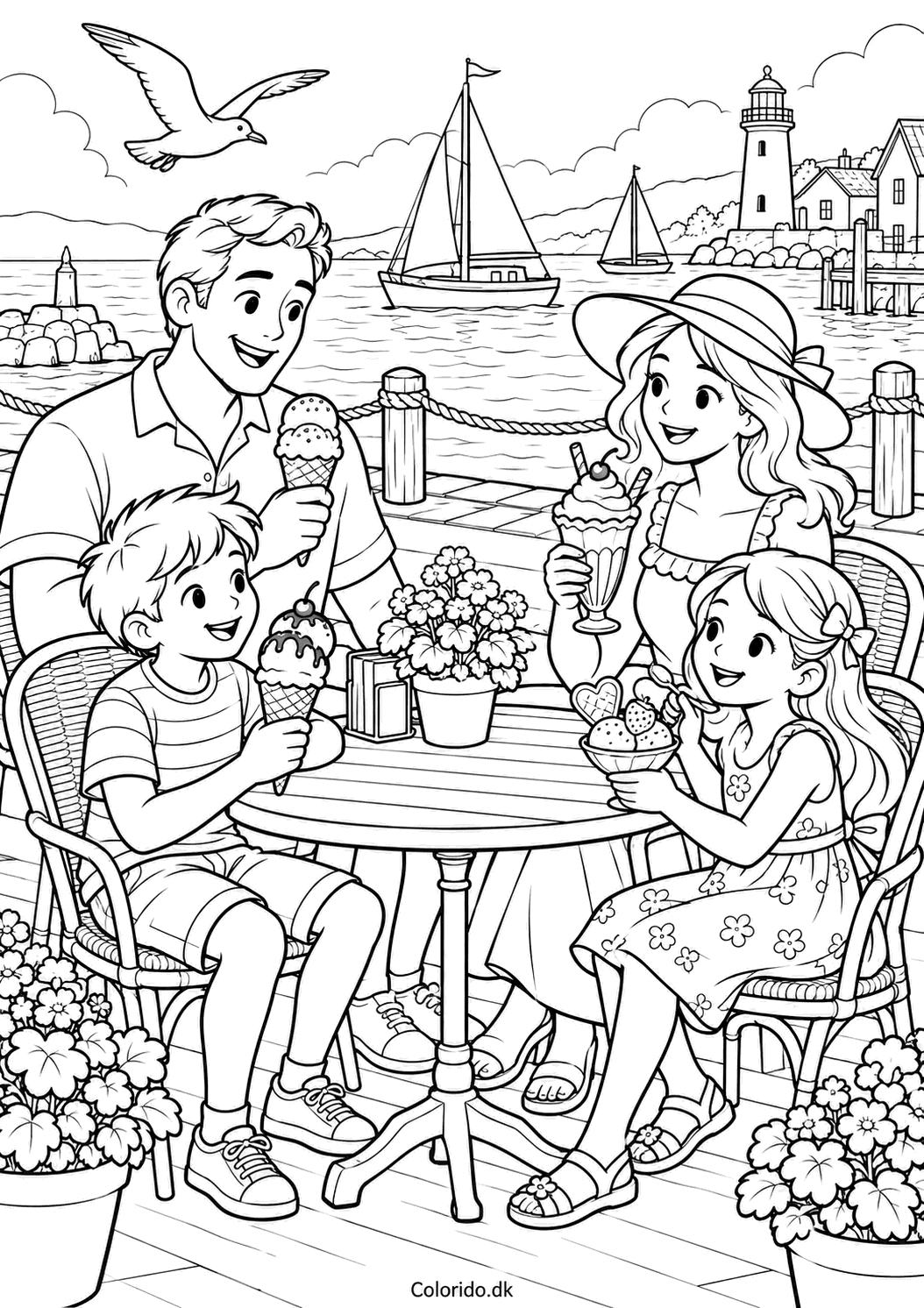 Familie spiser is ved havnen – sommer tegning til print