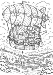 Julegavelevering med luftskib – fantasitegning til print