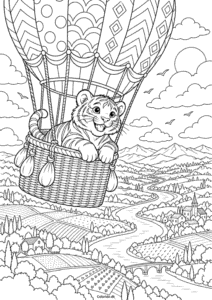 Tiger i varmluftballon – fantasitegning til print