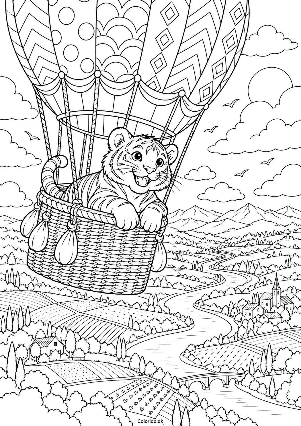 Tiger i varmluftballon – fantasitegning til print