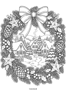 Eventyrlig julekrans med vinterlandsby – gratis tegning