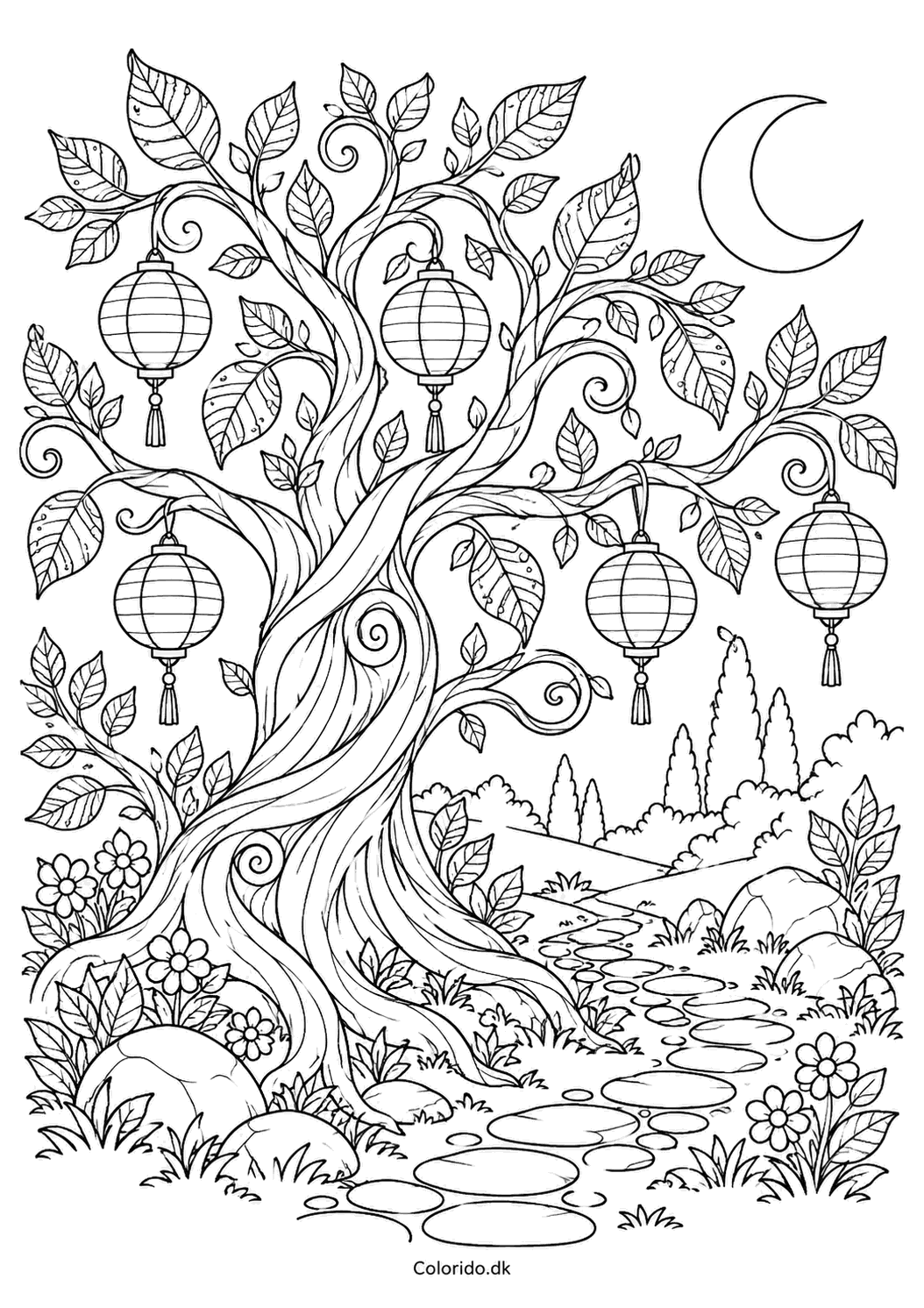Fantasitræ med lanterner og snoede grene til print