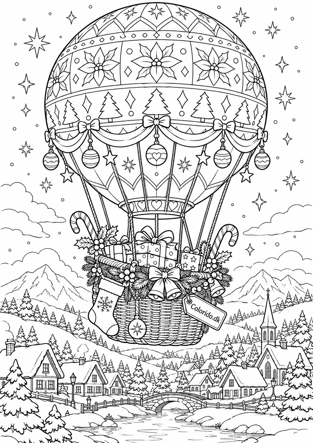 Luftballon med julepynt – eventyrlig tegning til print