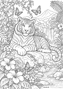 Tiger i junglens blomsterhave – svær tegning til farvelægning
