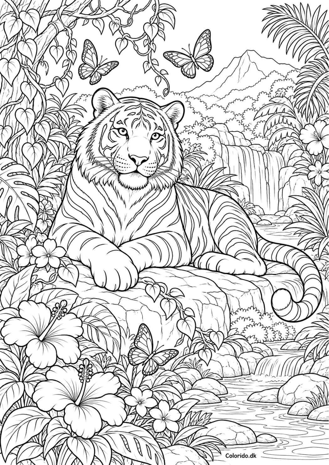 Tiger i junglens blomsterhave – svær tegning til farvelægning